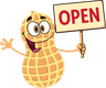 Peanut mascot holding an open sign.